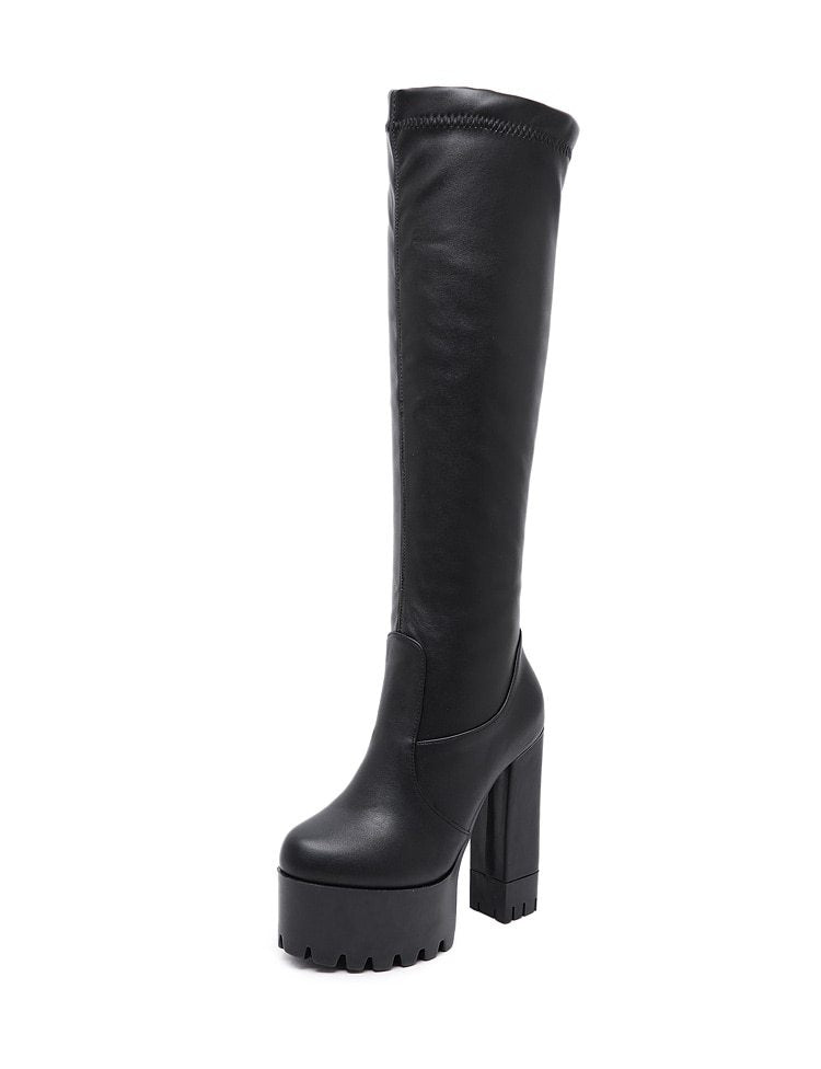 Knee-high boots for women shoe elastic boots with chunky heels in sleek black leather.