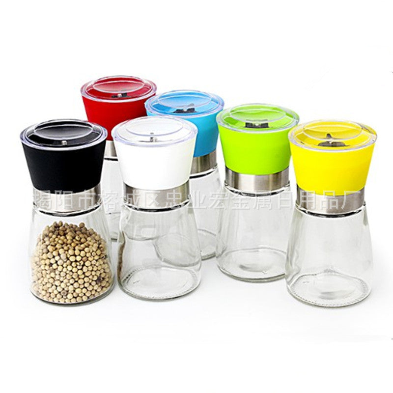 Creative kitchen appliances hand glass grinder set with colorful tops for spices and pepper.
