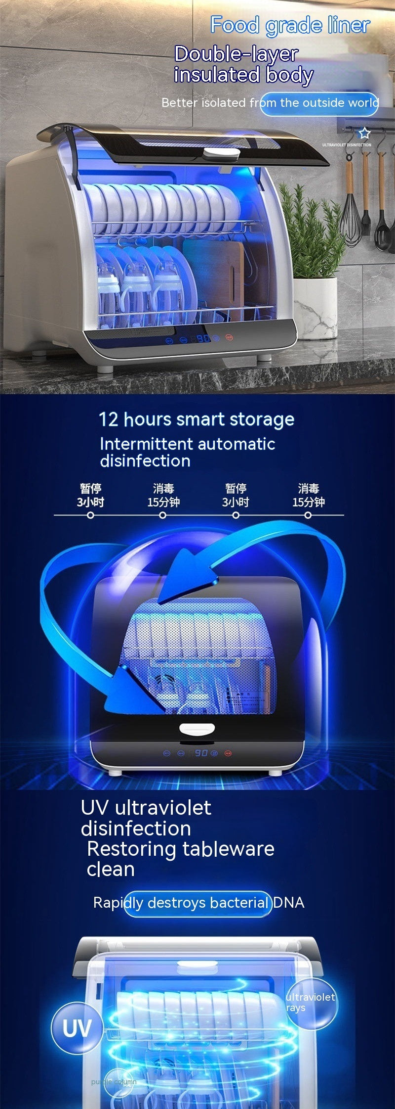Mini Small Kitchen Desktop Disinfection Dryer with UV technology for hygienic kitchenware storage