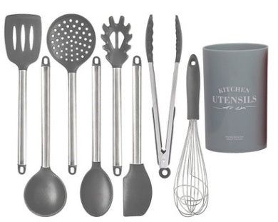The silicone kitchen utensils and appliances set featuring diverse cooking tools and a stylish storage container.