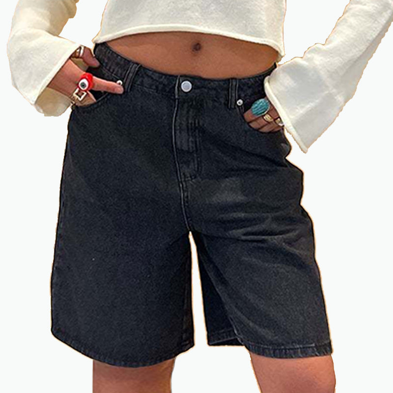 Casual Mid-Waist Straight-Cut Cropped Denim Womens Pants