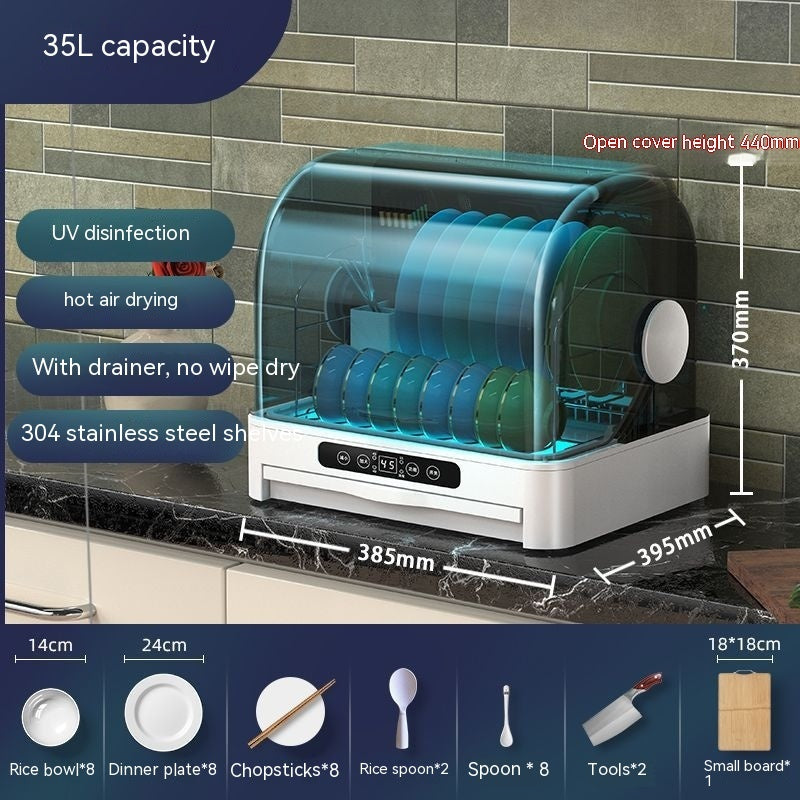 Mini Small Kitchen Desktop Disinfection Dryer with UV disinfection and hot air drying, 35L capacity for clean kitchenware.