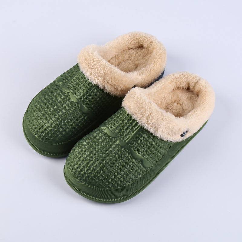 Removable deodorant cotton shoe cover in green with fur lining, designed for comfort and odor control.
