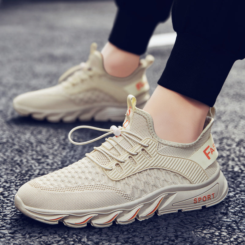Fly weave running breathable mesh shoes in beige color, designed for comfort and performance in sports and everyday wear.