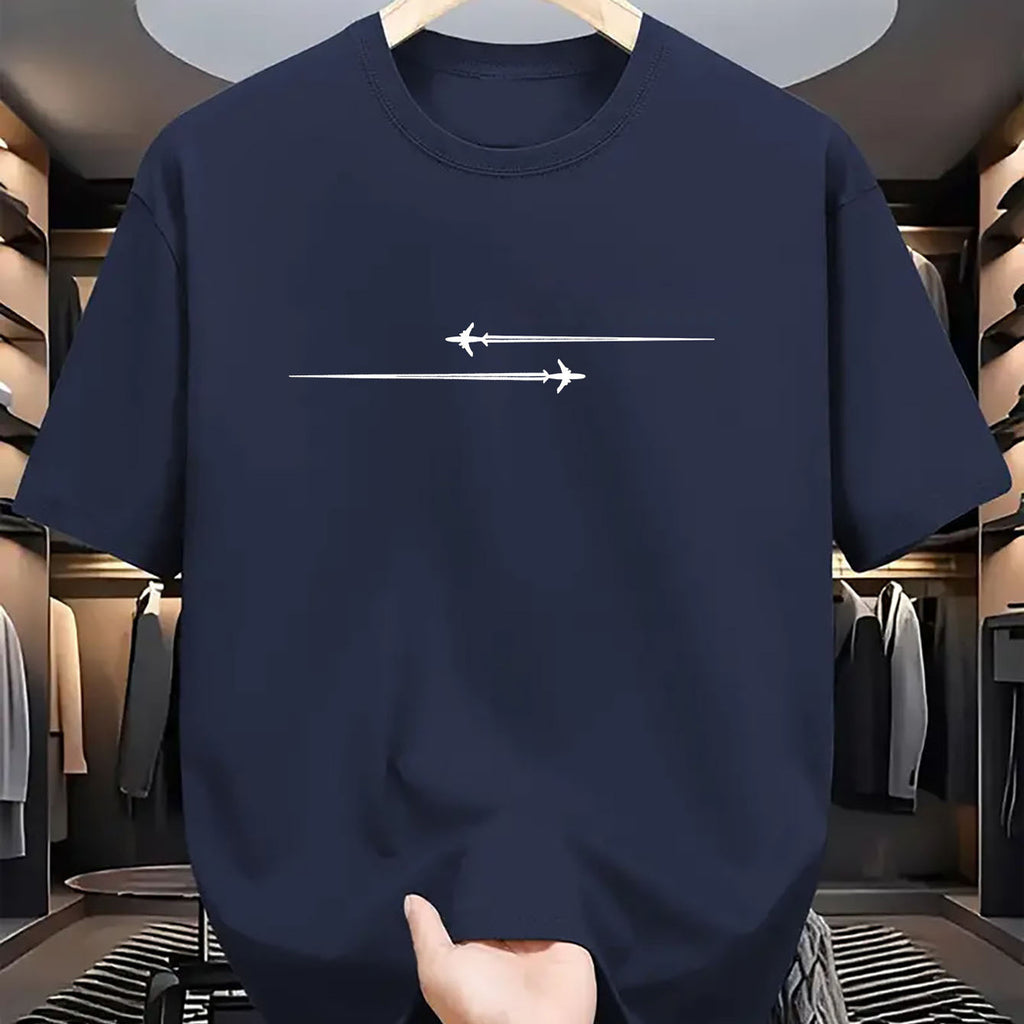 Men’s Comfortable Sports Round Neck T-Shirts in navy blue with white airplane design.