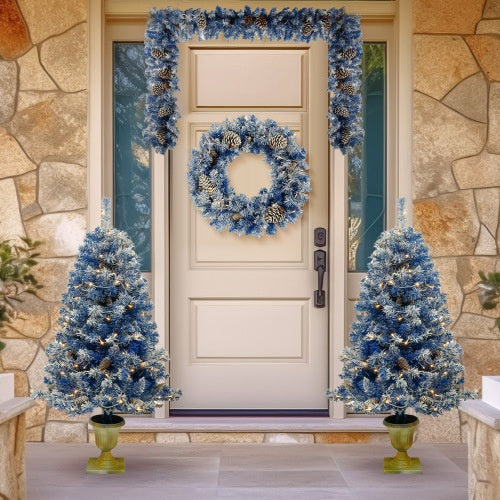 Pre-lit Christmas Tree Artificial Christmas with blue decorations and wreath at a cozy door entrance.