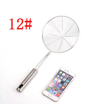 Kitchen Cooking Utensils Net Drain - stainless steel skimmer next to a smartphone for size comparison.