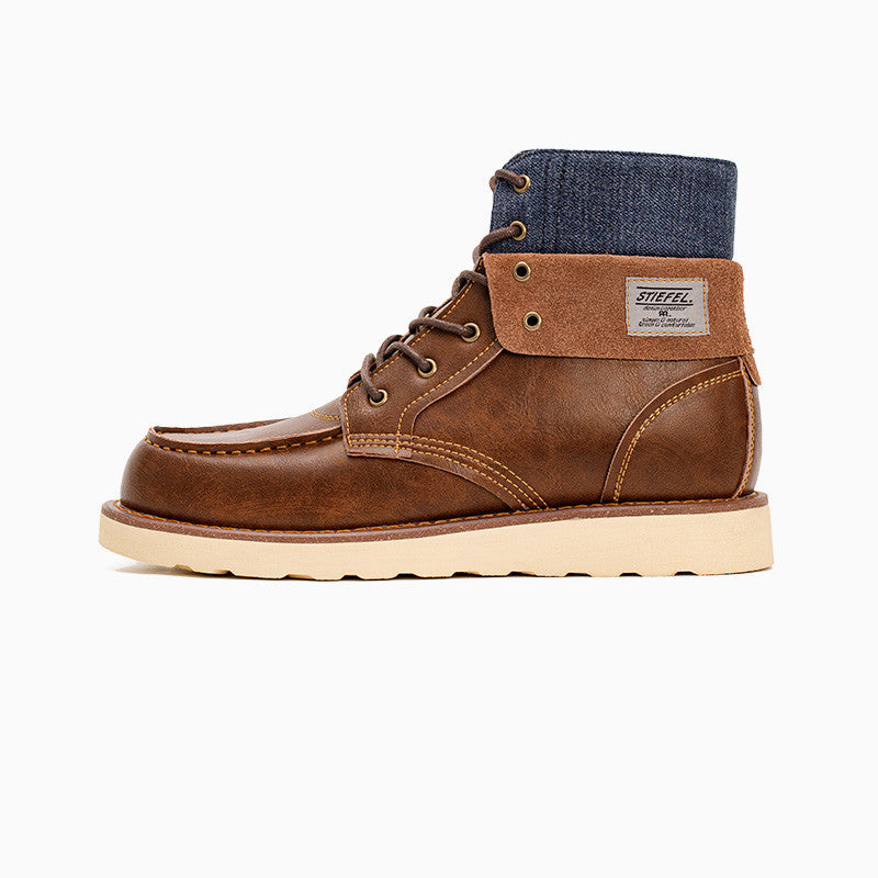Lapel Vintage Work Boots Men's Boots Winter British Style in brown leather with denim collar and white sole.