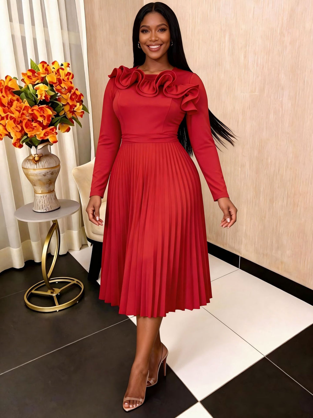 Lotus-leaf Collar Long-sleeve Crew-neck Elegant Dress