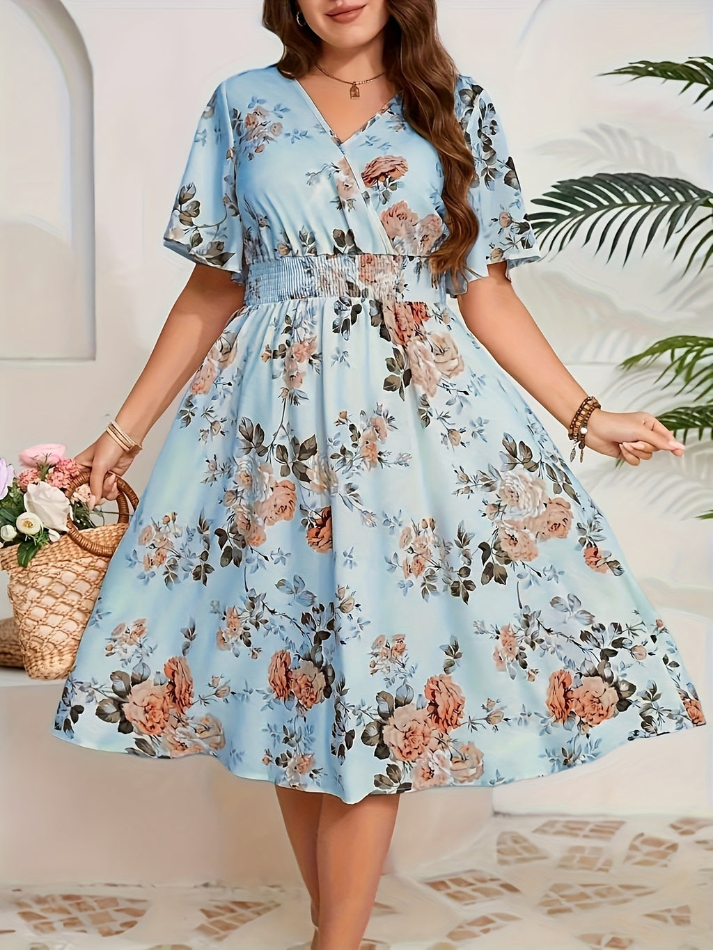 Womens Printed Cross-V-Neck Elastic-Waist Elegant Short-Sleeve Dress