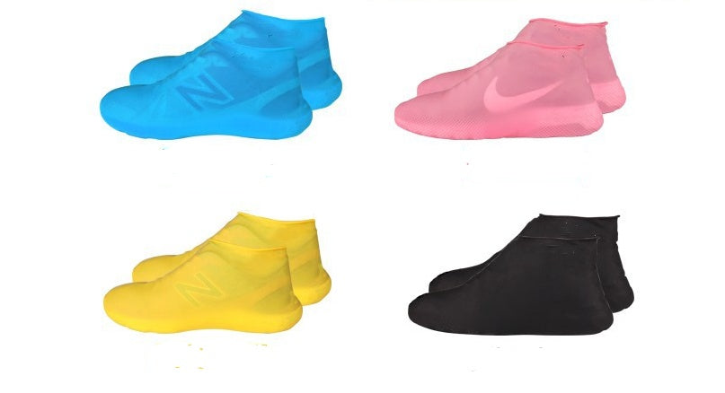 Rubber Anti-slip Waterproof Shoe Cover Reusable Rain Boot in blue, pink, yellow, and black colors.