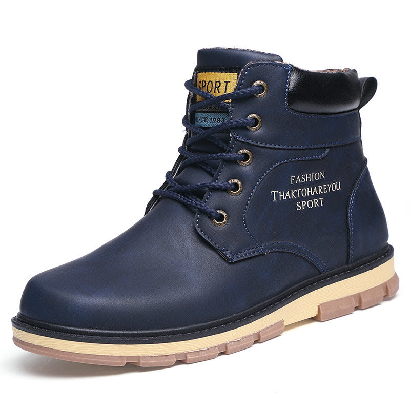 Plush warm work clothes Martin boots featuring stylish navy design and durable construction for cold weather.