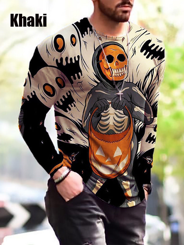 Winter Men S Print Simple Long-Sleeved T Shirt in khaki with Halloween skeleton design