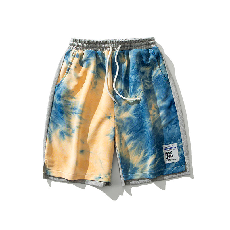 Summer New Tie-Dye Shorts Men S Drawstring Loose in blue and yellow design, perfect for casual summer wear.