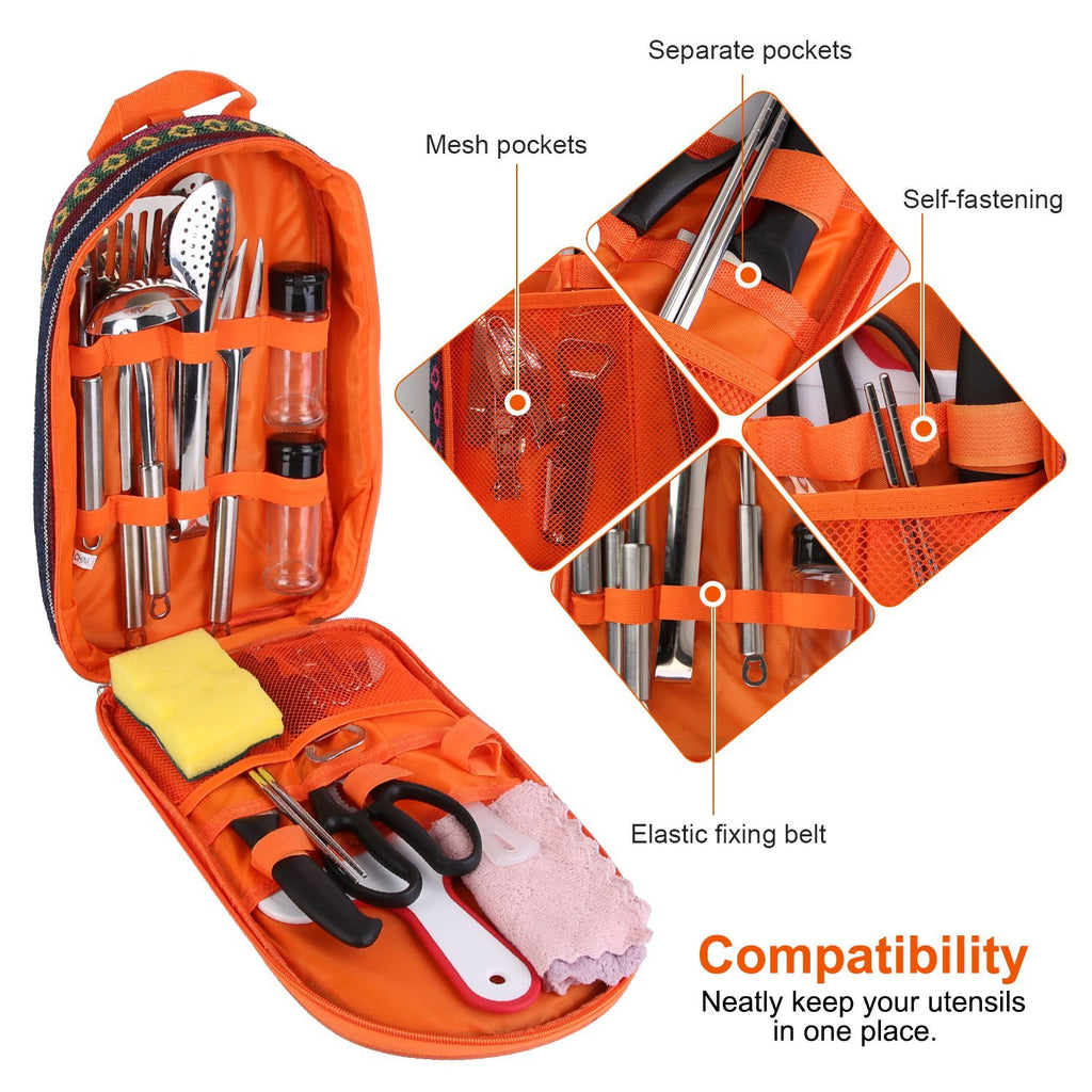 Camping Cooking Utensil Kit Portable Picnic Cookware featuring organized utensils in vibrant orange carrying case.