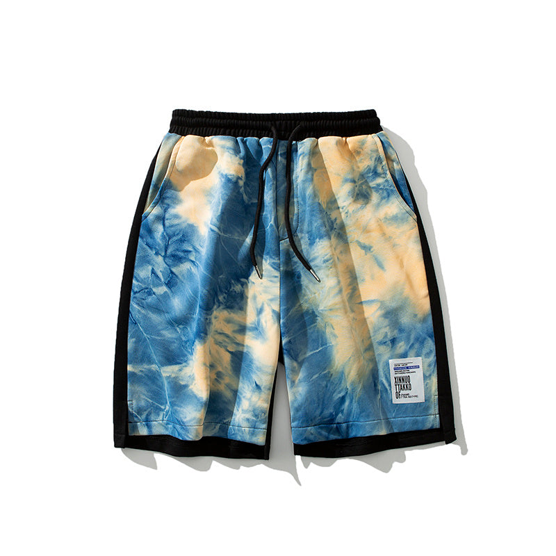 Summer New Tie-Dye Shorts Men S Drawstring Loose in blue and yellow color with elastic waistband and side pockets.