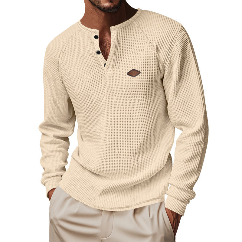 Quick-drying Raglan Henry Long Sleeve in cream color worn by a man, showcasing its casual style and comfort.