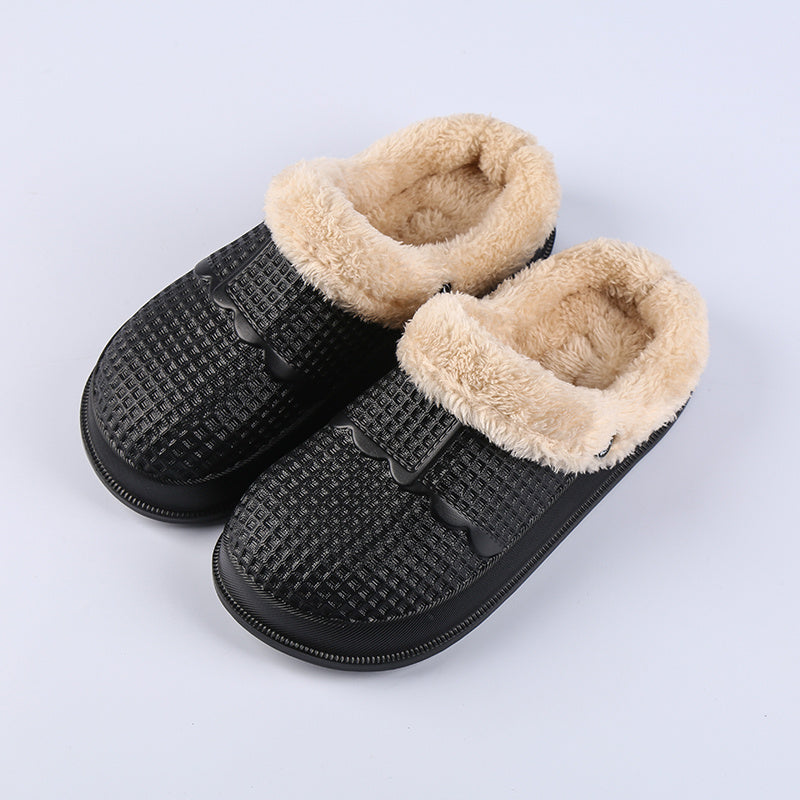 Removable deodorant cotton shoe cover in stylish black with soft beige fur lining for comfort and freshness.