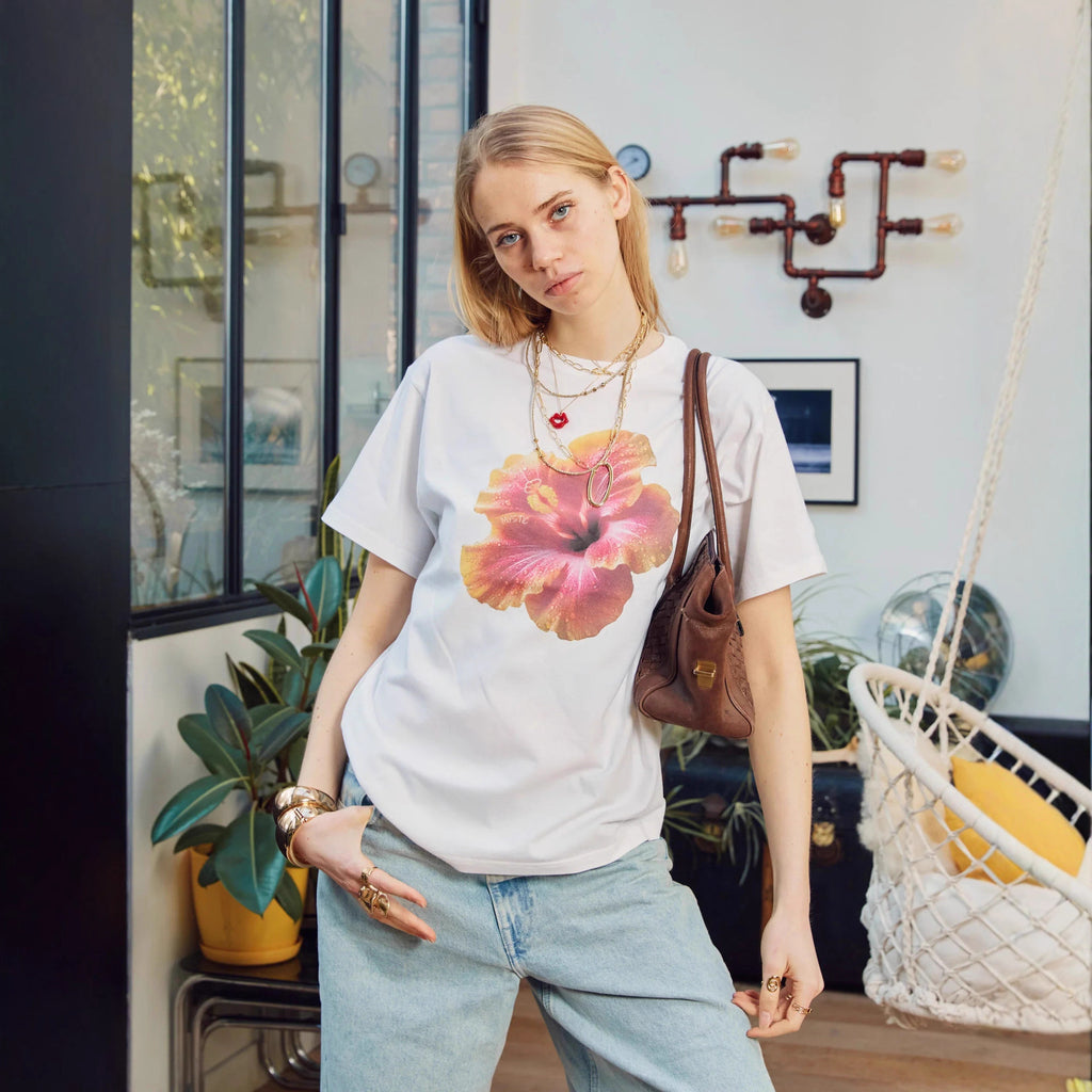 Floral Letter Print Pattern Top With Short Sleeves