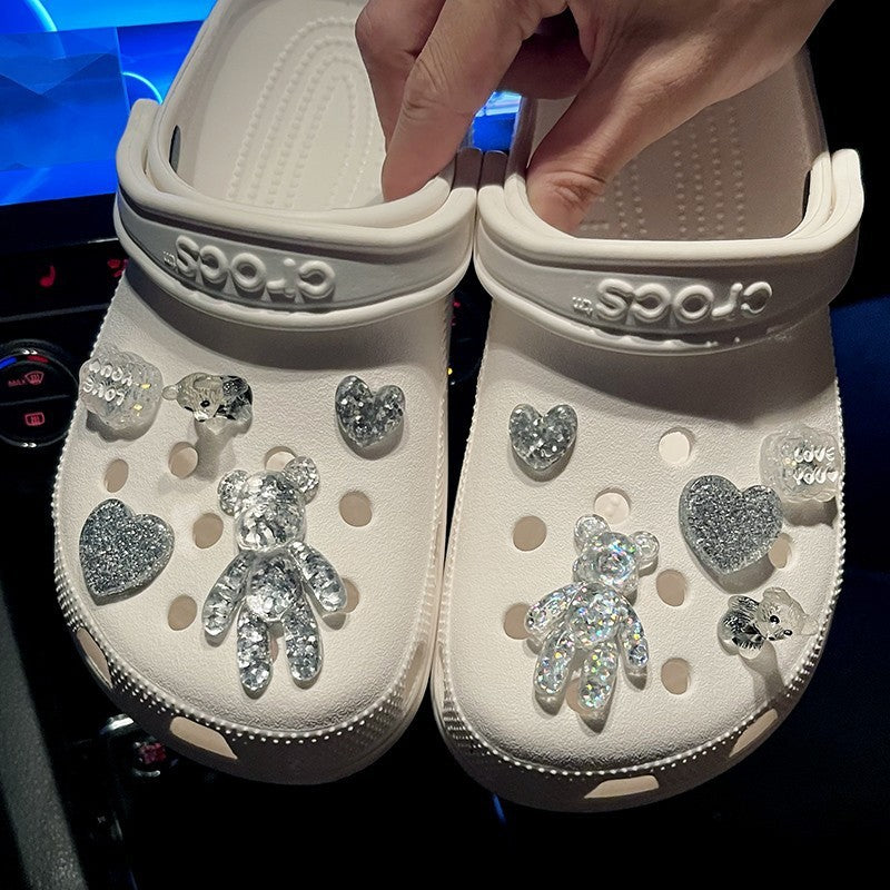 Crystal Bear Cave Shoes Accessories Shoe Buckle Shoe Flower on stylish white crocs with crystal bear design and heart embellishments.