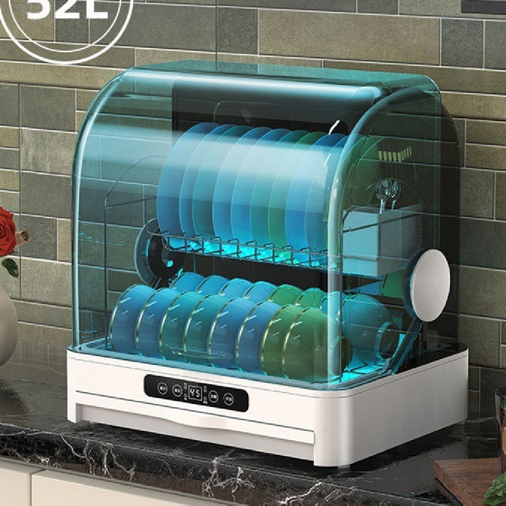 Mini Small Kitchen Desktop Disinfection Dryer with stacked colorful plates in modern kitchen setting.
