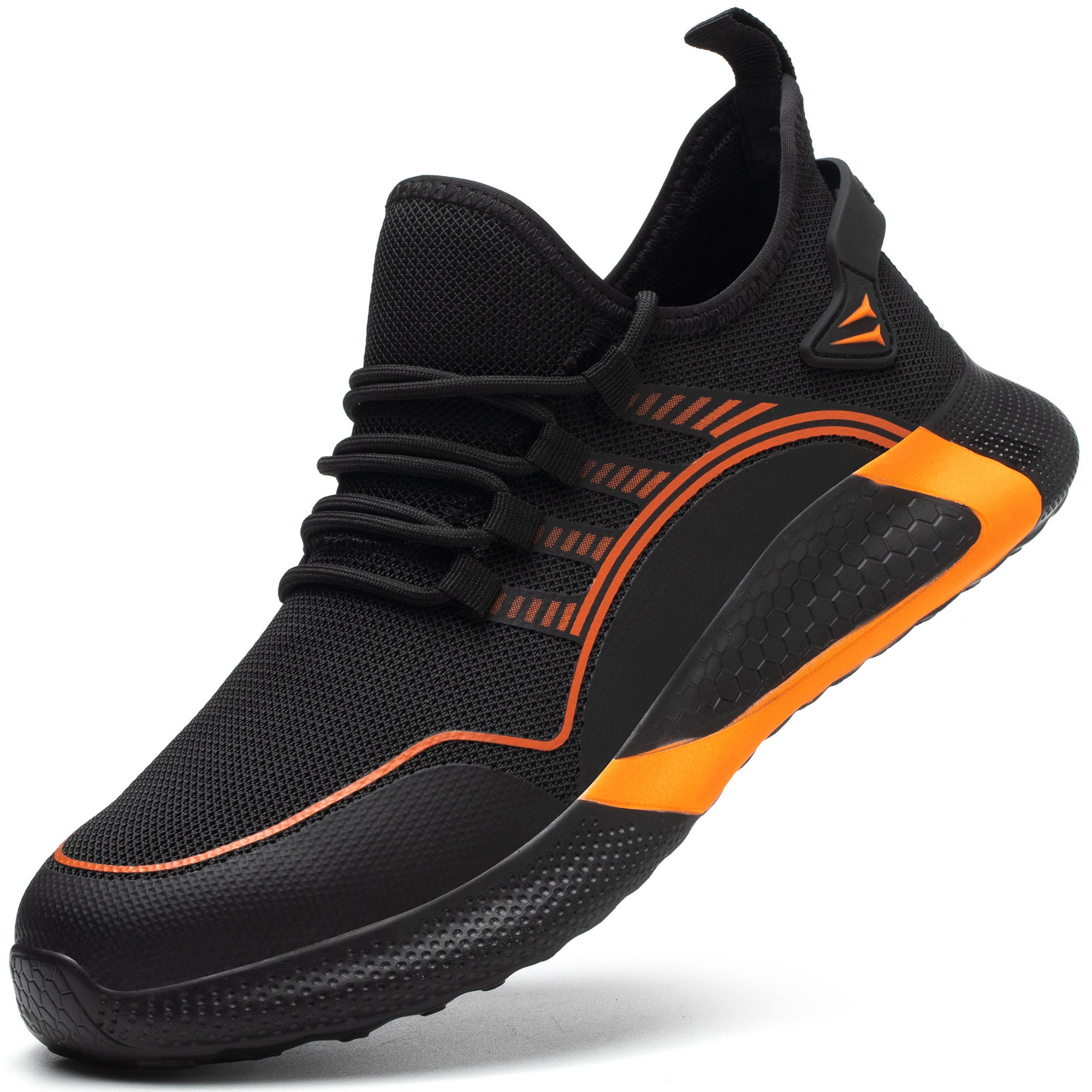 Breathable Labor Protection Shoe Man featuring a black and orange design, designed for comfort and safety on the job.