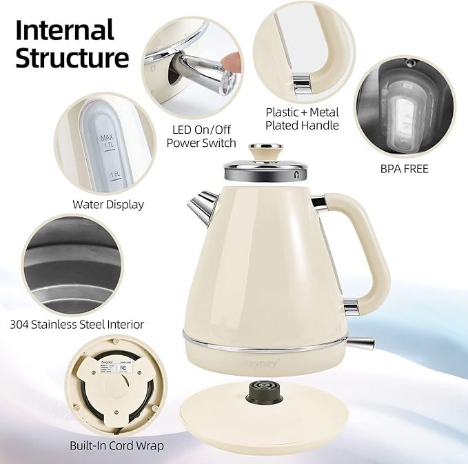Household Small Appliances Electric Kettle with internal features like BPA-free plastic, 304 stainless steel interior, and built-in cord wrap.