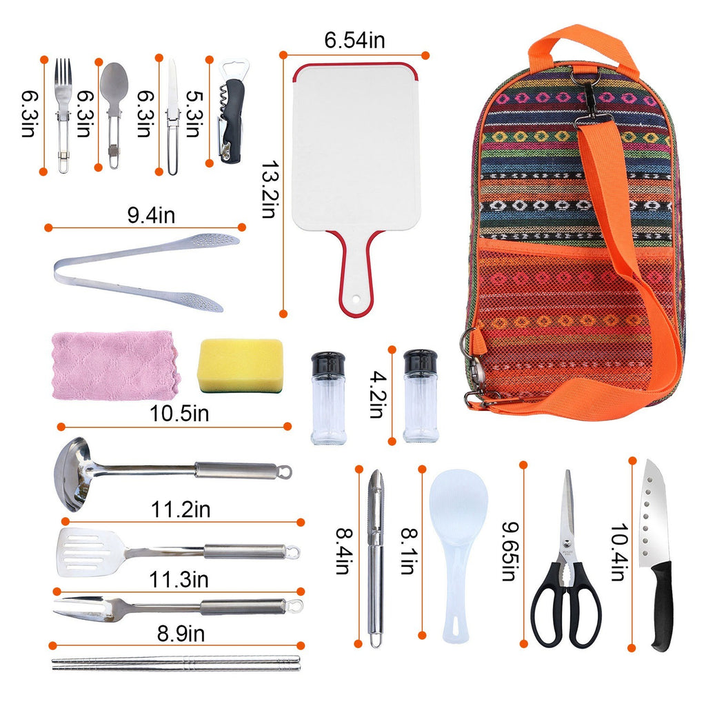 Camping Cooking Utensil Kit Portable Picnic Cookware with various utensils and a colorful carrying case.