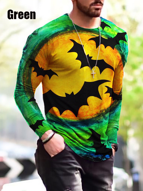 Winter Men S Print Simple Long-Sleeved T Shirt featuring a vibrant bat design in green and orange.