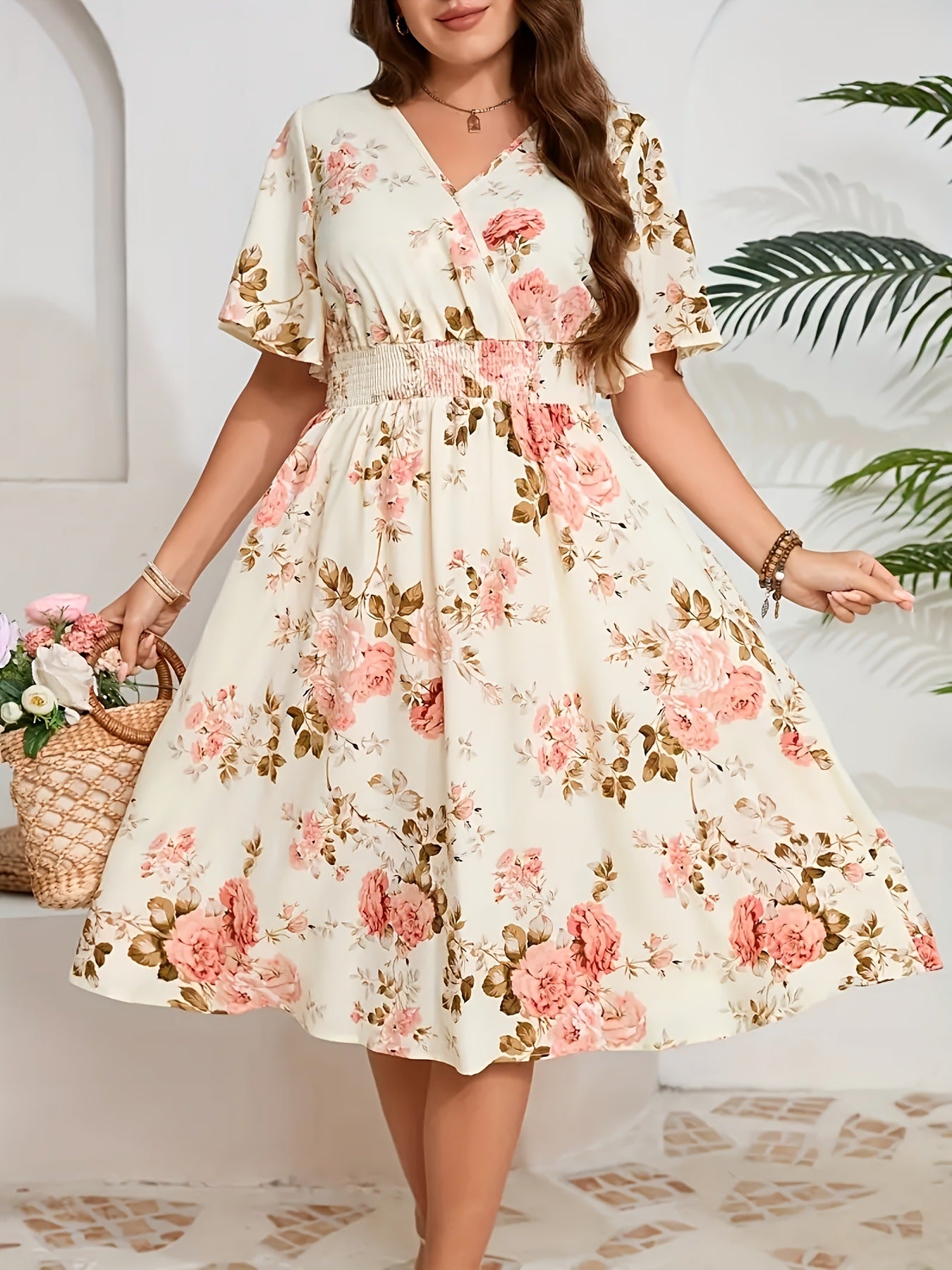 Womens Printed Cross-V-Neck Elastic-Waist Elegant Short-Sleeve Dress