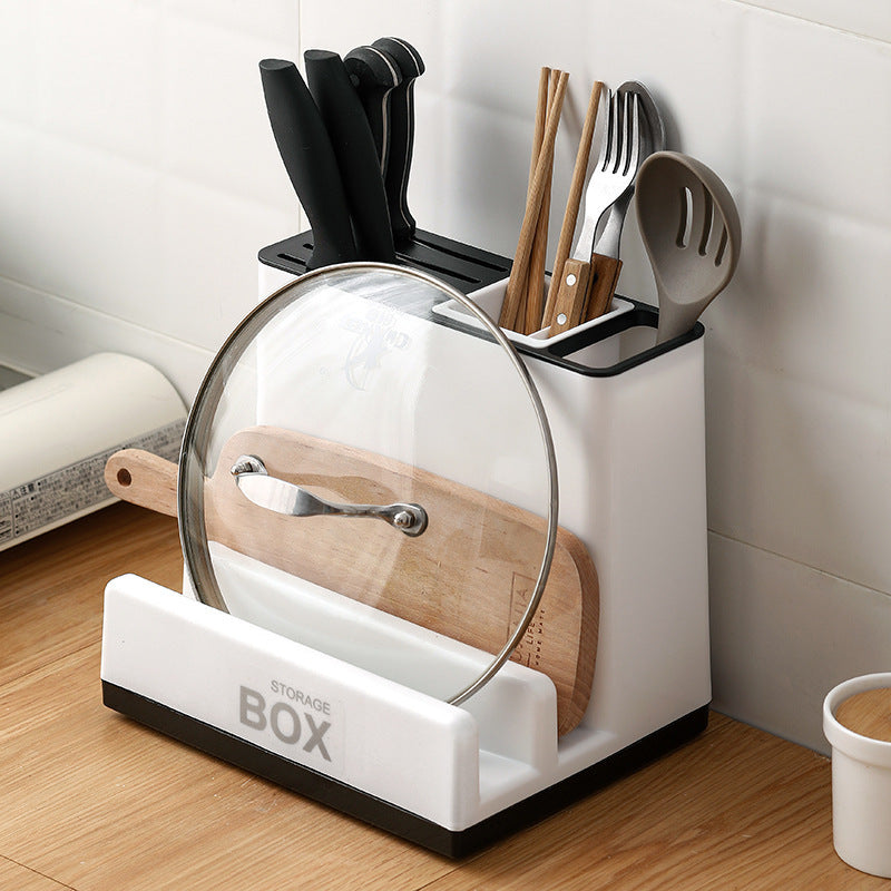 Tableware Storage Holders Kitchen Knife with knives, utensils, and lids organized neatly in a modern kitchen.