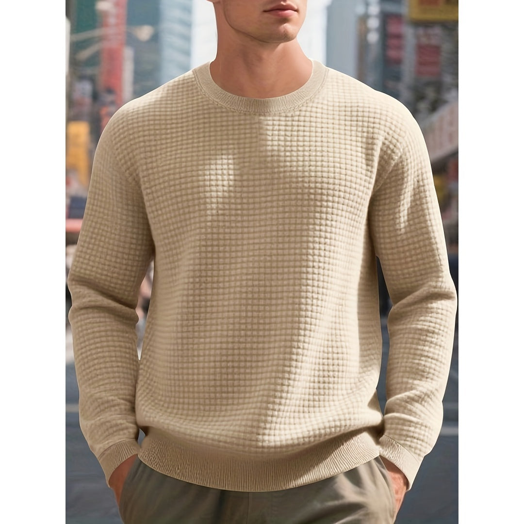 Men's Fashion Casual Tropical Printed Shirt worn by a man, showcasing a stylish knitted beige sweater in an urban setting.