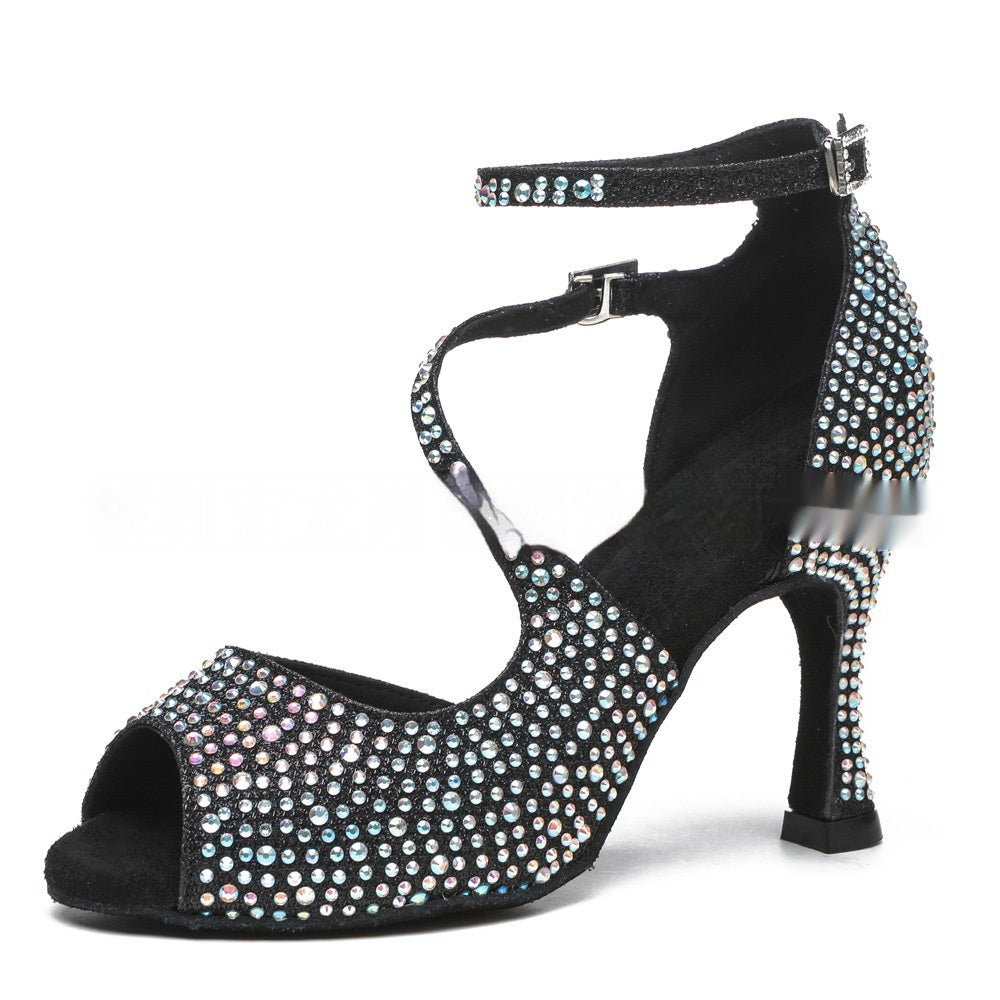 Women's Latin Dance Mid-high Heel Dance with rhinestone design and ankle strap for stylish comfort.
