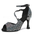 Women's Latin Dance Mid-high Heel Dance with rhinestone design and ankle strap for stylish comfort.