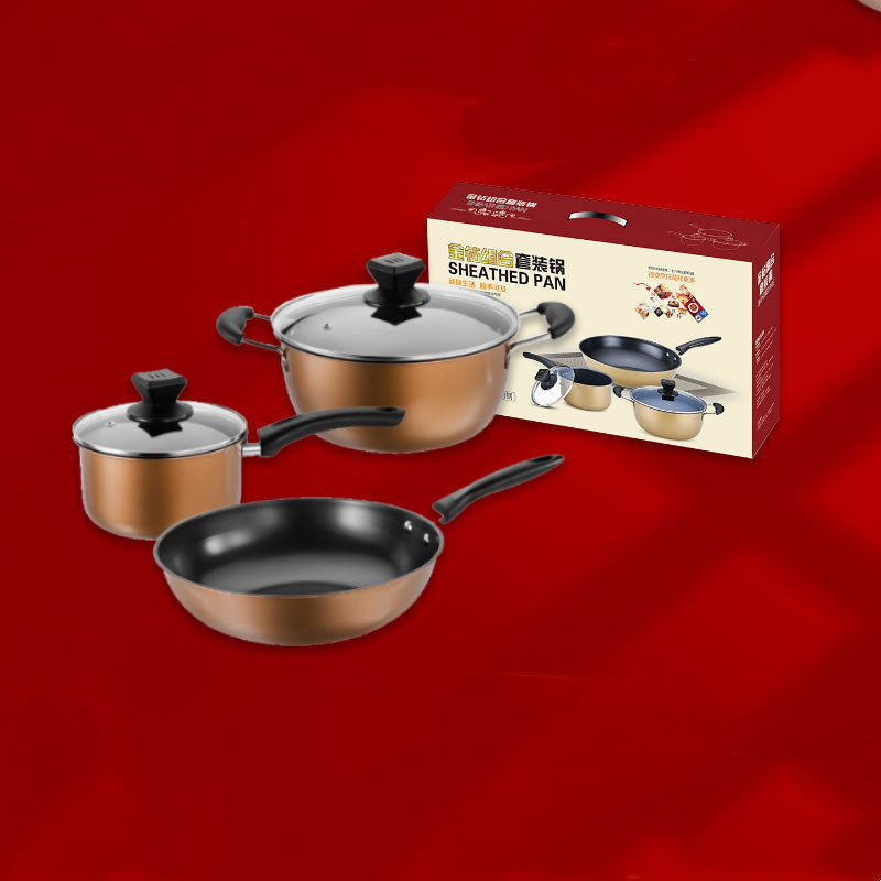 Set Of Pot Kitchen Cookware Cooking Pots displayed, including a frying pan and cooking pots in elegant design.