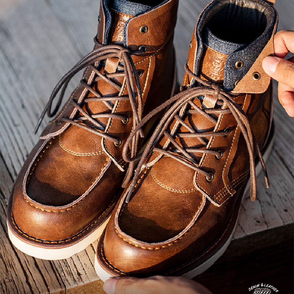 Lapel Vintage Work Boots Men's Boots Winter British Style on a rustic wooden surface with a warm tone.