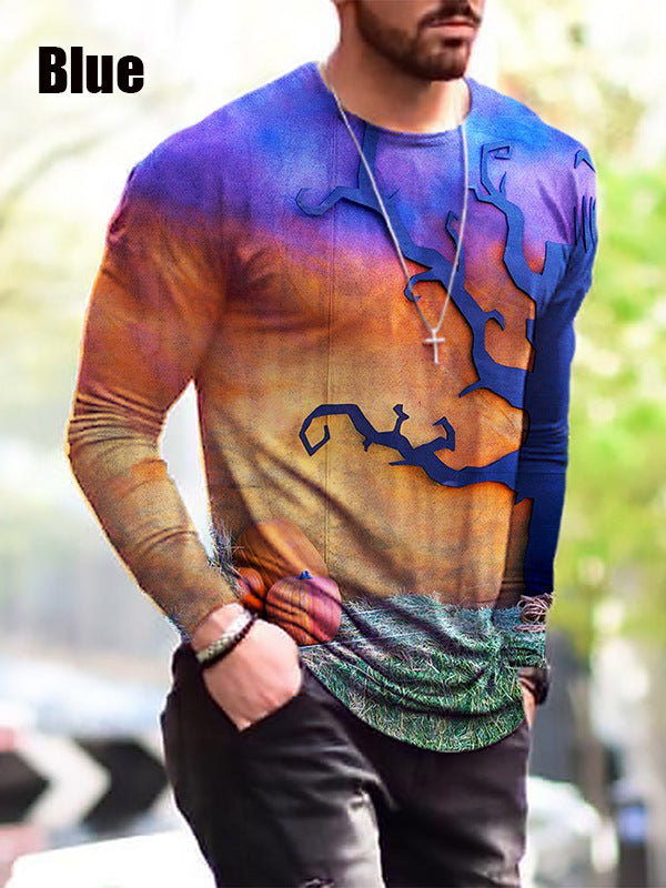 Winter Men S Print Simple Long-Sleeved T Shirt featuring a colorful autumn tree design, perfect for seasonal style.