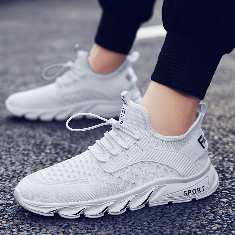 Fly weave running breathable mesh shoes in white, designed for comfort and performance during running and everyday wear.