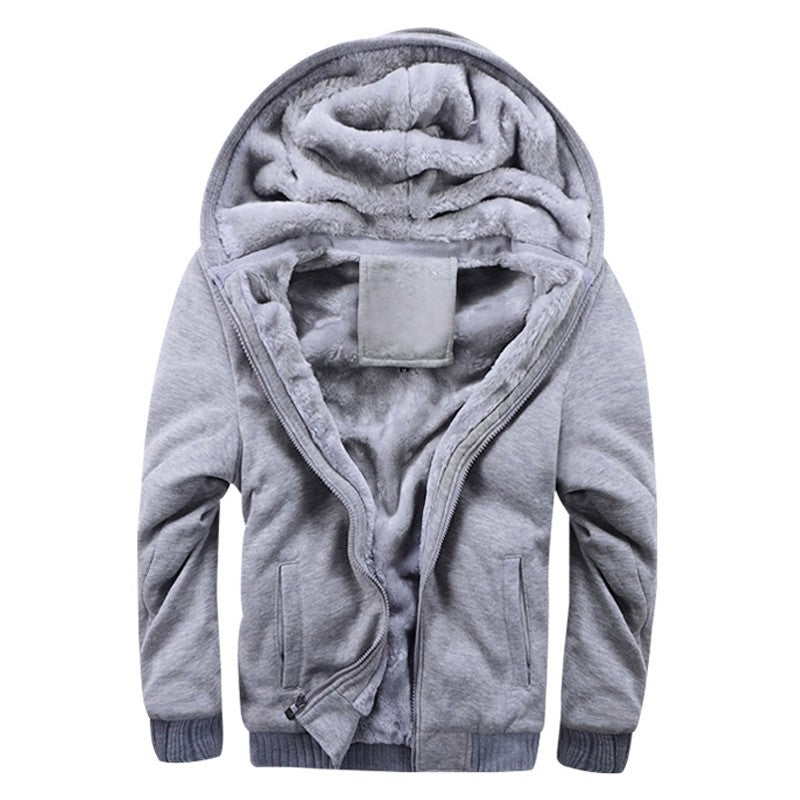 Fleece Sweater Men Casual Sport Fleece Hooded Jackets in grey with soft interior design.