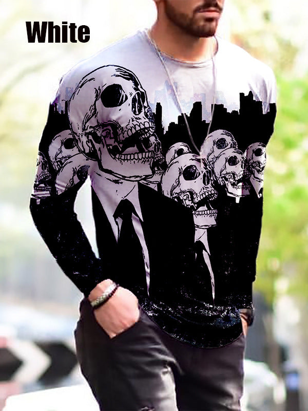 Winter Men S Print Simple Long-Sleeved T Shirt featuring a graphic design with skulls and urban skyline.