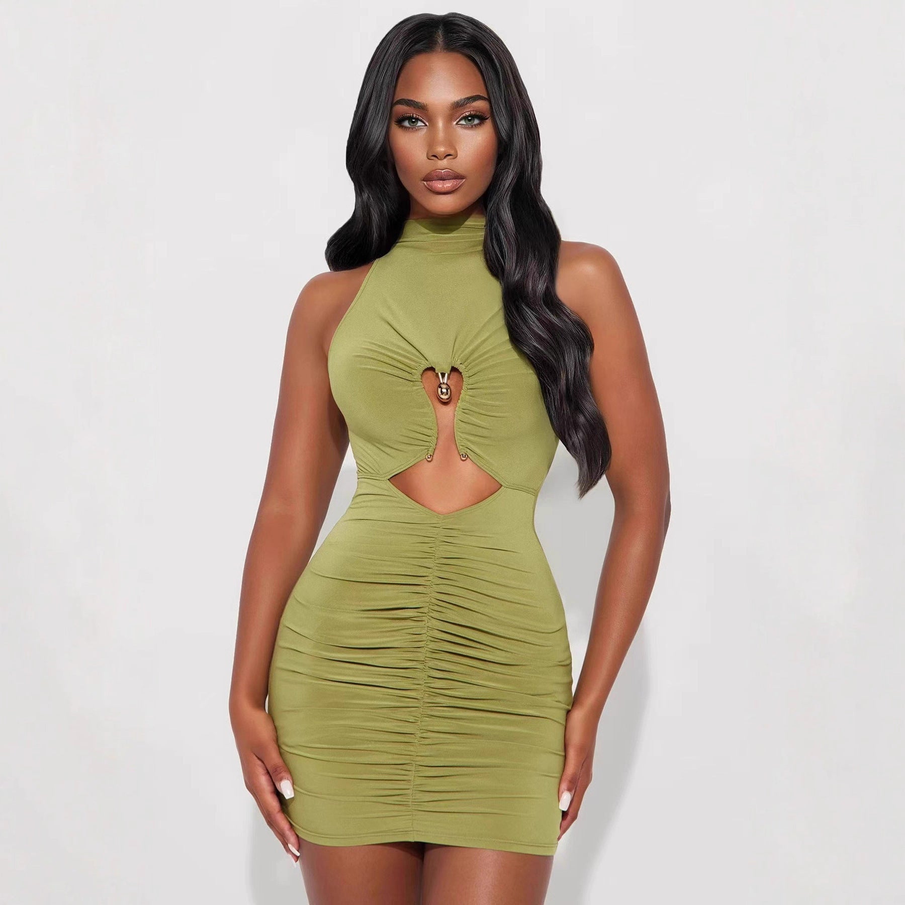 Affectionate Metal Decorated Solid Color Turtleneck Pleated Sheath Mini Dress