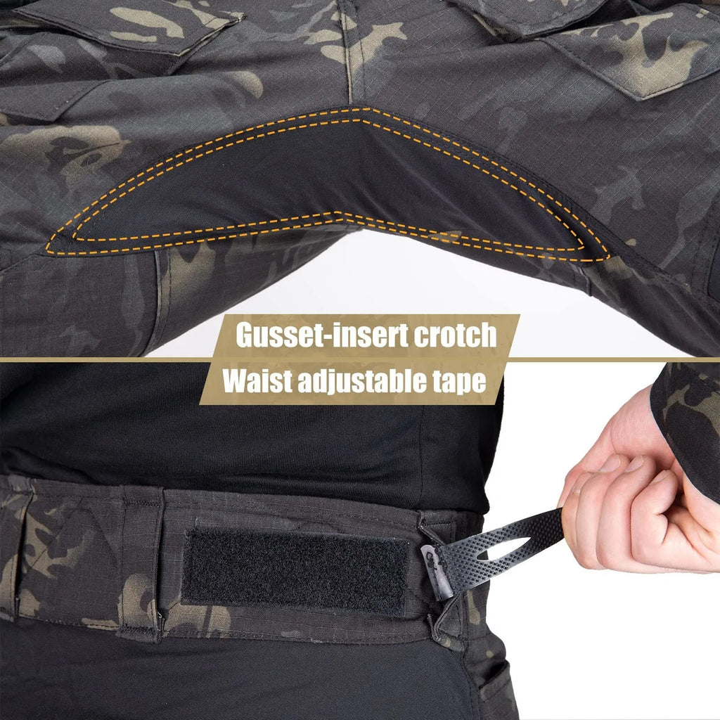 Men's Tactical Combat Tactical Military Pants featuring a gusset-insert crotch and adjustable waist tape for enhanced comfort.