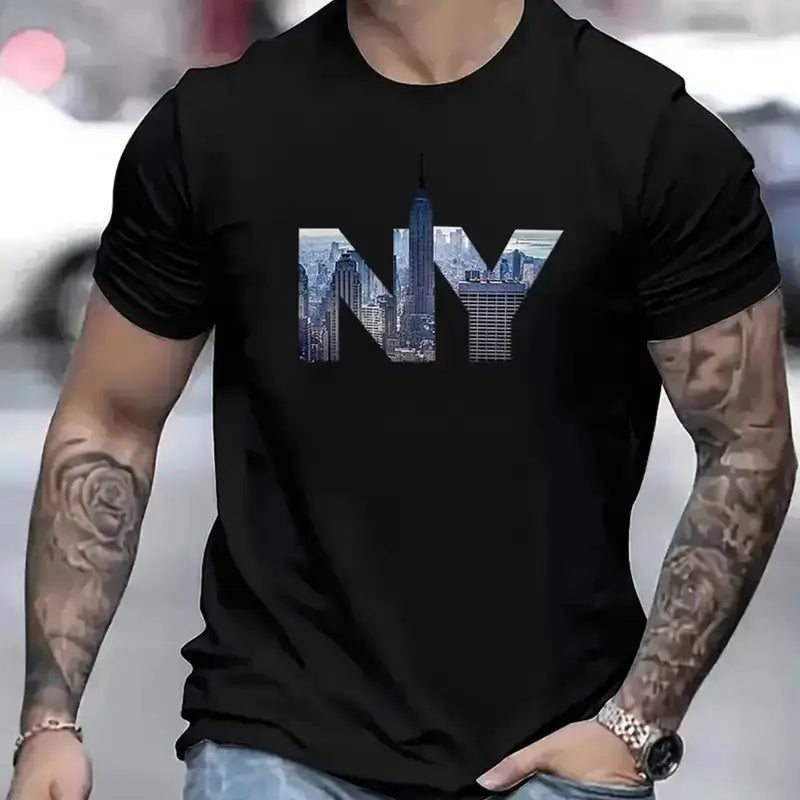 Men's Printed Short-sleeved T-shirt featuring NY skyline design on a black background.