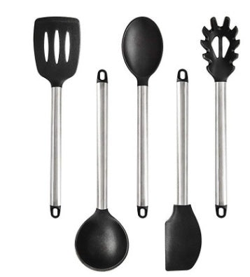 The silicone kitchen utensils and appliances featuring a spatula, spoon, and other tools for efficient cooking.