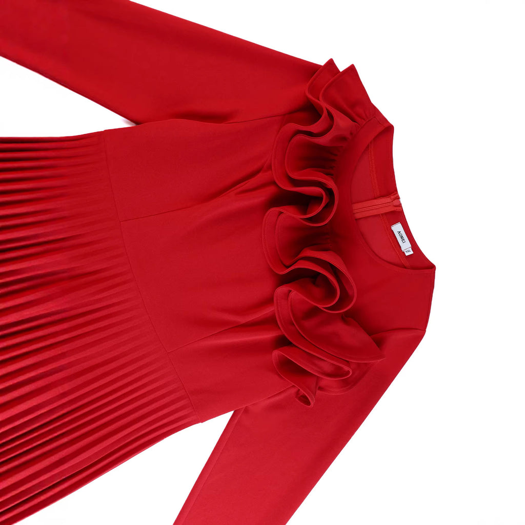 Lotus-leaf Collar Long-sleeve Crew-neck Elegant Dress