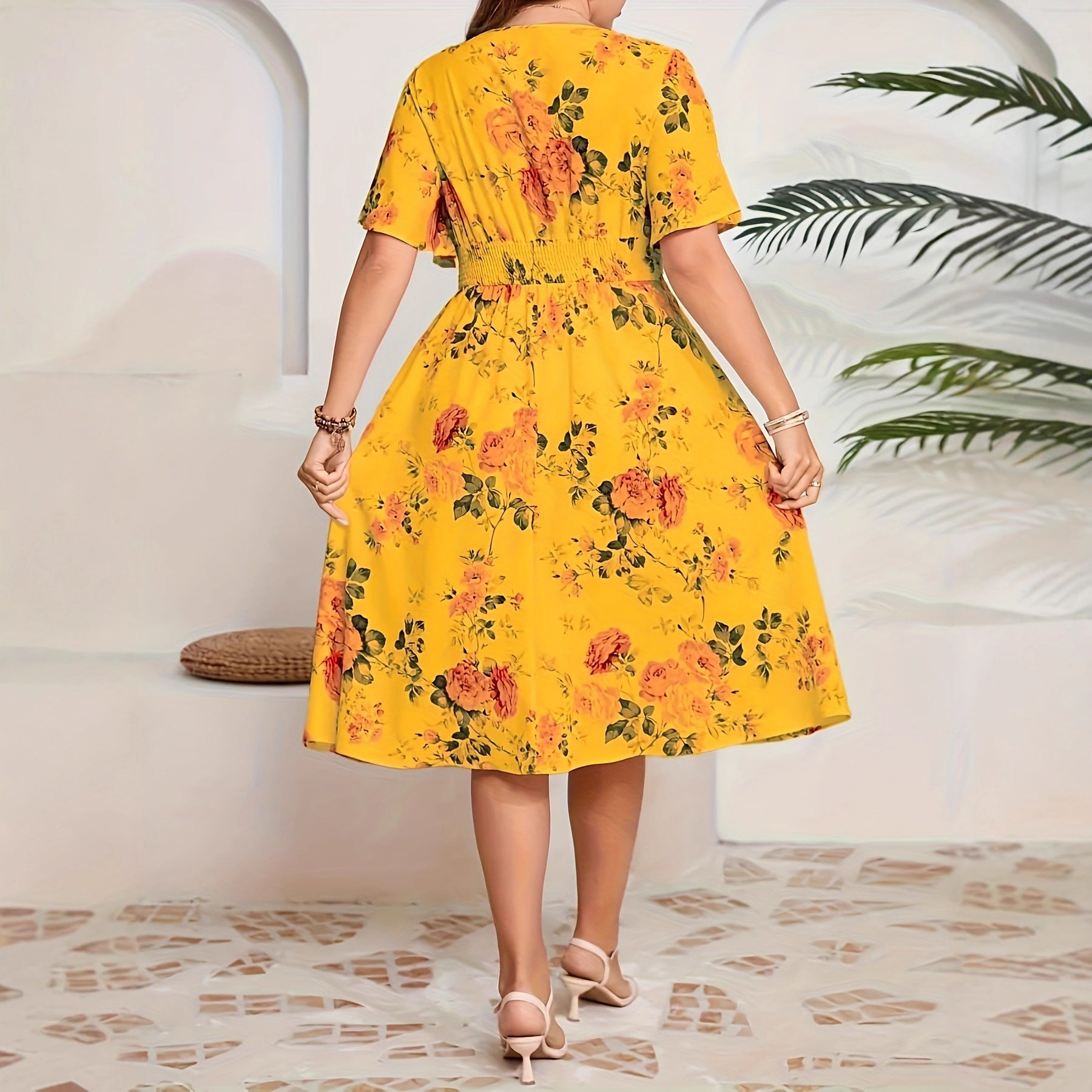 Womens Printed Cross-V-Neck Elastic-Waist Elegant Short-Sleeve Dress