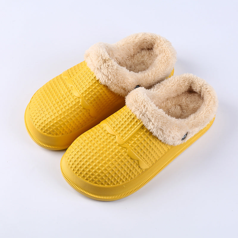 Removable deodorant cotton shoe cover in yellow with soft fur lining for comfort and odor absorption.