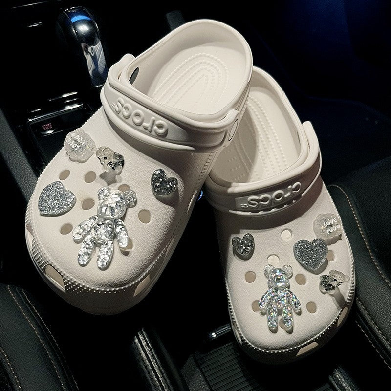 Crystal Bear Cave Shoes Accessories Shoe Buckle Shoe Flower on stylish crocs with crystal bear and heart designs.