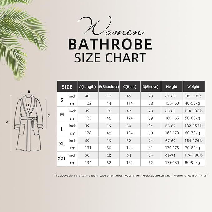 Women Bathrobe Size Chart with measurements for different sizes including S, M, L, XL, and XXL.