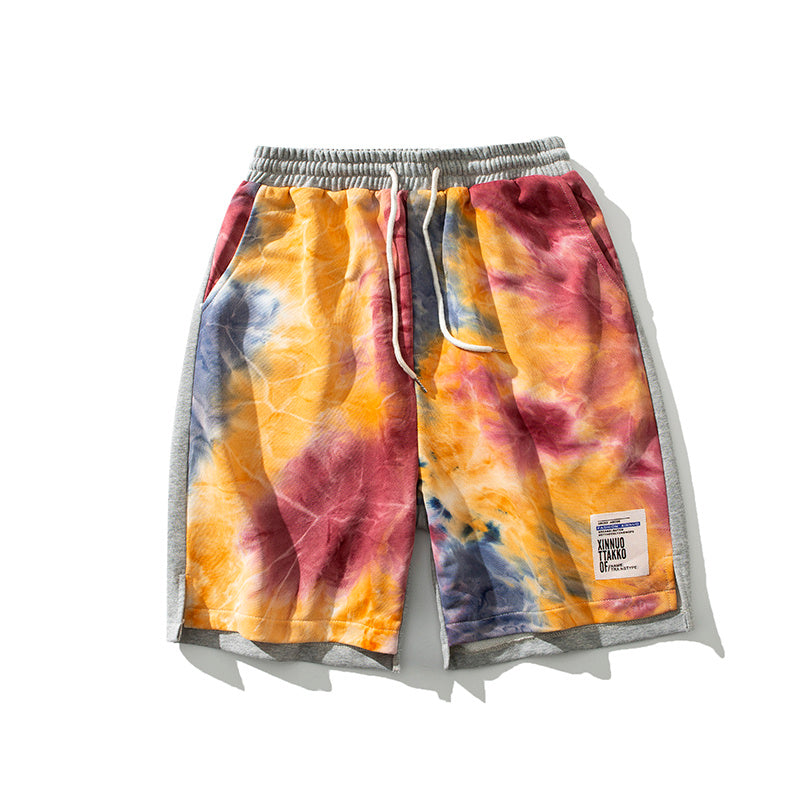 Summer New Tie-Dye Shorts Men S Drawstring Loose in vibrant multicolor design with elastic waistband.
